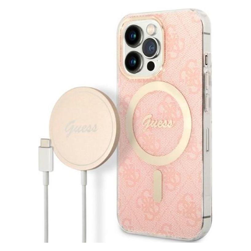 Guess Zestaw GUBPP13XH4EACSP Case+ Charger IPhone 13 Pro Max Różowy/pink Hard Case 4G Print MagSafe (Apple IPhone 13 Pro Max), Smartphone Hülle,