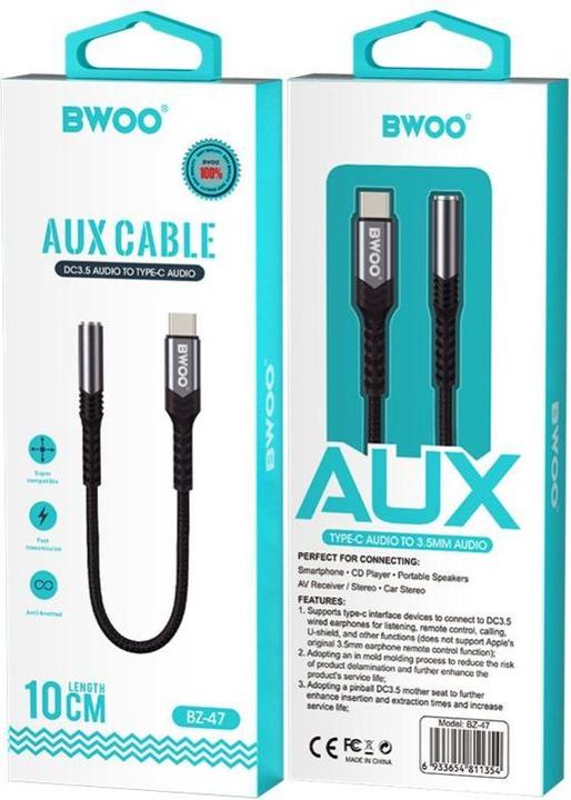 Produktbild Bwoo Audio-Adapterkabel BZ47 aux 3,5 mm auf USB-C schwarz (USB-C, 3.5mm Klinke)