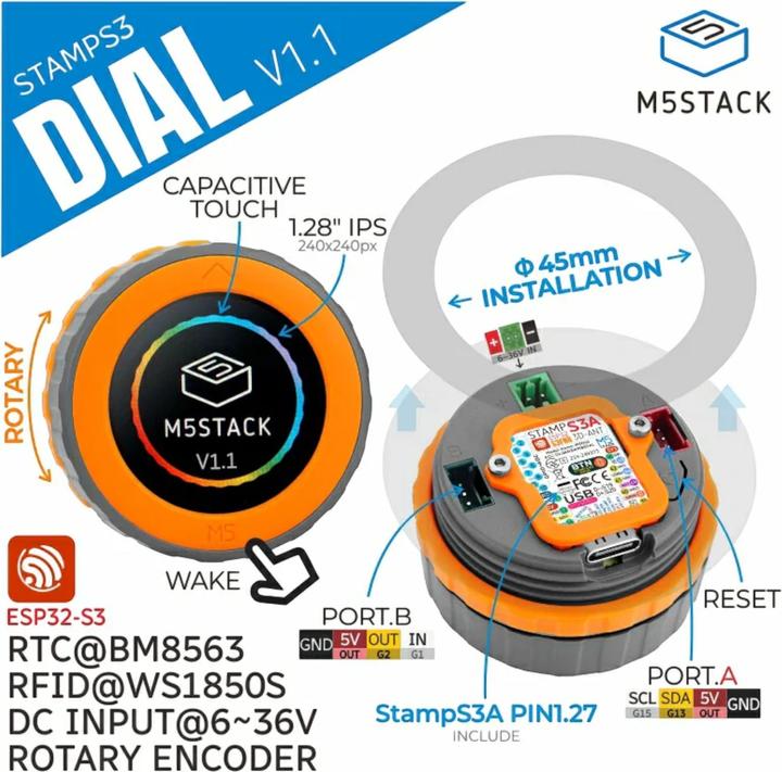 Produktbild M5Stack Dial V1.1 ESP32-S3 Intelligenter Drehknopf mit 1.28 Zoll Touchscreen
