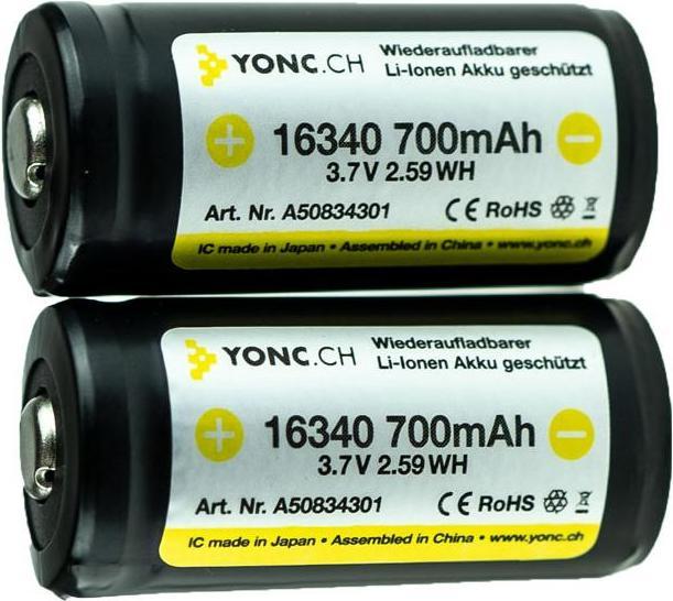 Actual product image Yonc RCR123A 16340 Li-Ion battery with 700 mAh 2 pcs.