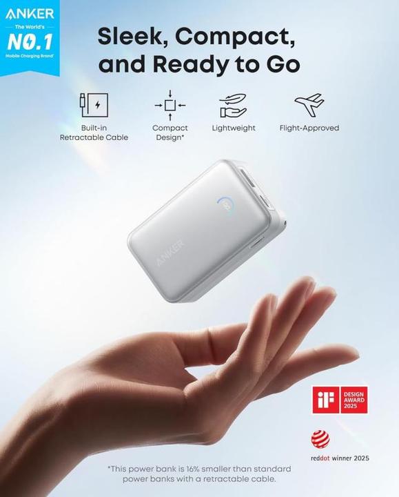 Immagine prodotto Anker Nano Power Bank 10K, 45W White Built-In Retractable USB-C Cable (10000 mAh, 45 W, 36.30 Wh)