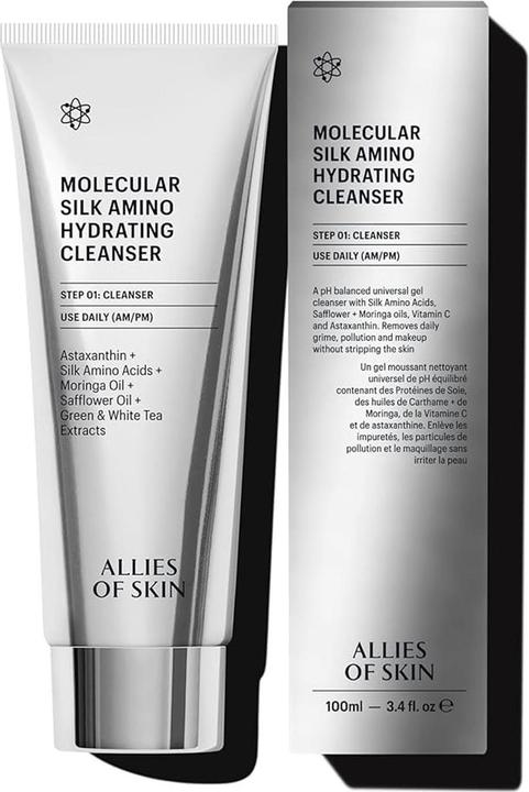 Image du produit Allies Of Skin Molecular Silk Amino Hydrating Cleanser avec Acide Hyaluronique, Céramides, Carthame &... (Lingettes nettoyantes pour le visage, 100 ml)