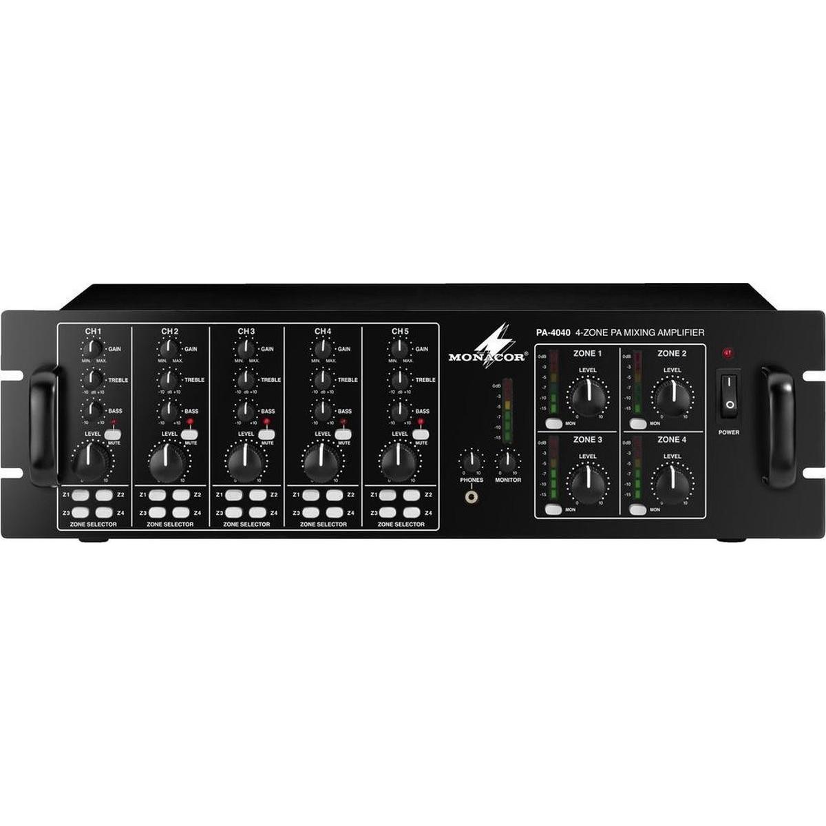 Monacor PA-4040 40 W amplificatore ELA a 4 zone (Amplificatore), Amplificatore stereo, Nero