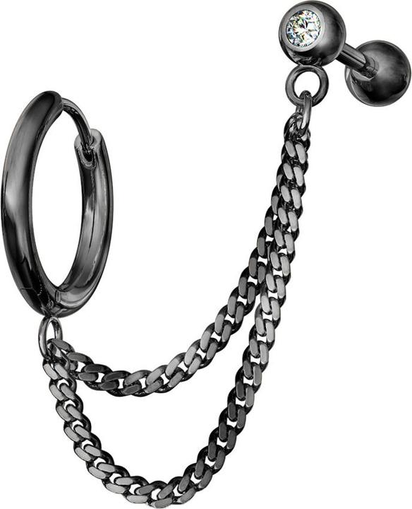 Actual product image Star Piercing Earring Black Double Chain Micro Barbell with Ball and Crystal (without brass, Surgical steel 316L)