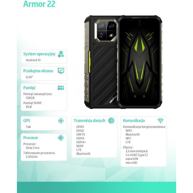 Thumbnail - Ulefone Armor 22 (128 GB, Some Green, 6.58", Dual SIM, 64 Mpx, 4G), Smartphone, Grün, Schwarz