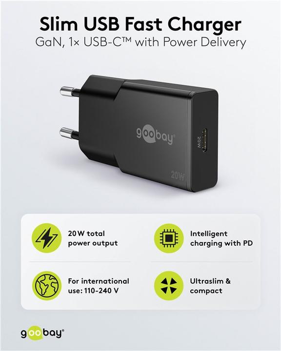 Produktbild Goobay USB-C PD GaN Schnellladegerät Slim 20 W (20 W, 1 Port)