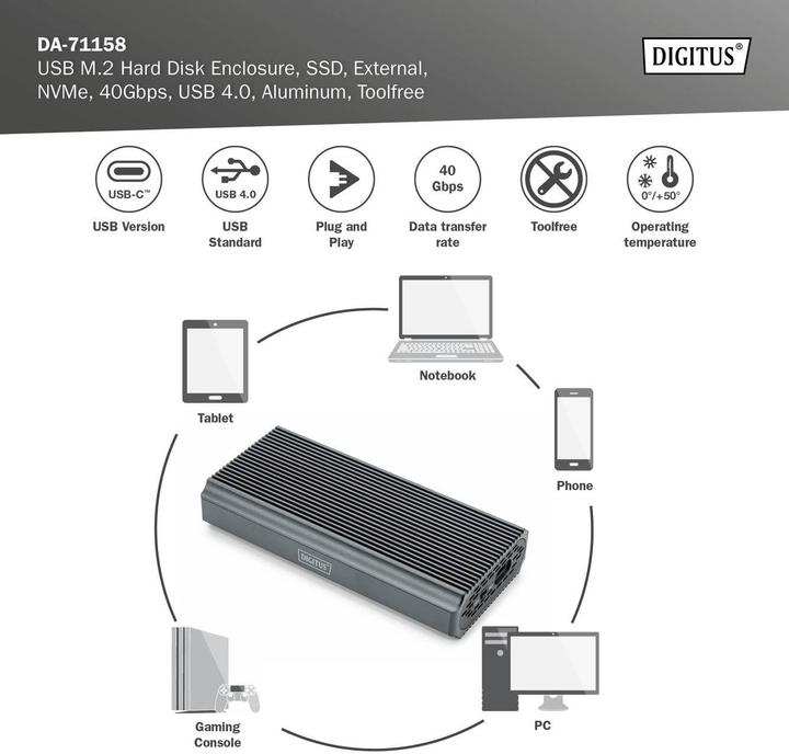 Produktbild Digitus USB M.2 Festplattengehäuse, SDD, extern, NVMe, 40Gbps, USB 4.0, Aluminium, toolfree (M.2 2230, M.2 2242, M.2 2260, M.2 2280)