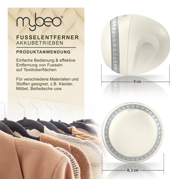 Actual product image Mybeo Lint shaver, electric rechargeable lint remover beige, safety switch, for clothing & upholstery