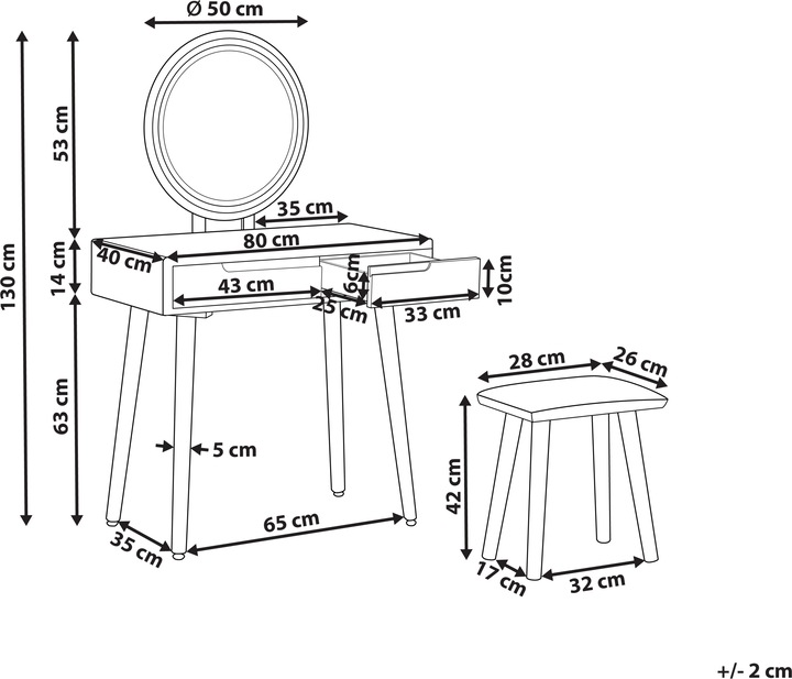 Produktbild Beliani Schminktisch mit 2 Schubladen, LED-Spiegel und Hocker weiss/grau JOSSELIN (80 x 40 x 130 cm)