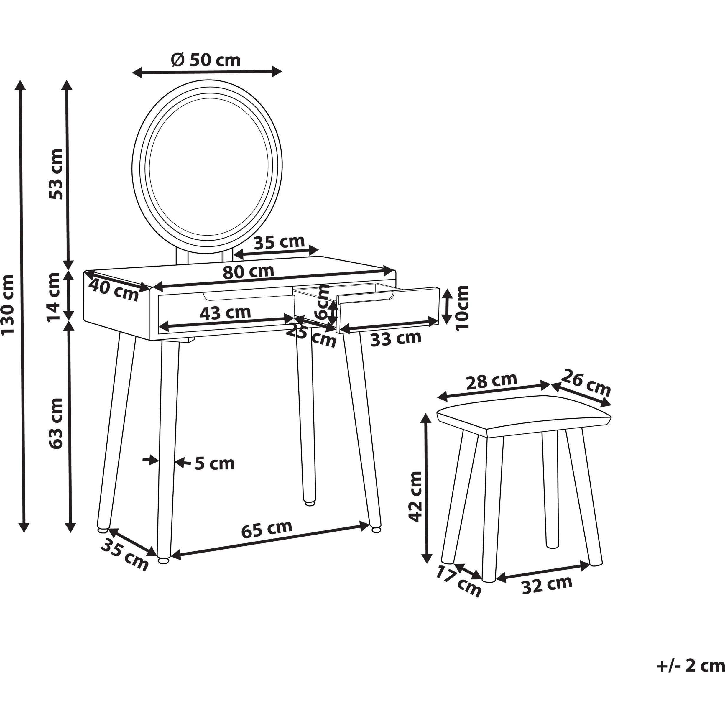 Thumbnail - Beliani, Schminktisch, Schminktisch mit 2 Schubladen, LED-Spiegel und Hocker weiss/grau JOSSELIN (80 x 40 x 130 cm)