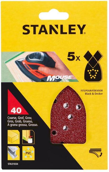 Productafbeelding Stanley 5st. Mouse® schuurpapier K40, Klettfix, Super, voor hout, metaal, metselwerk/pleister, kunststof