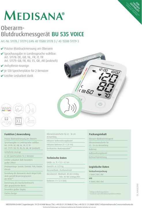 Produktbild Medisana BU 535 Voice (Blutdruckmessgerät Oberarm)