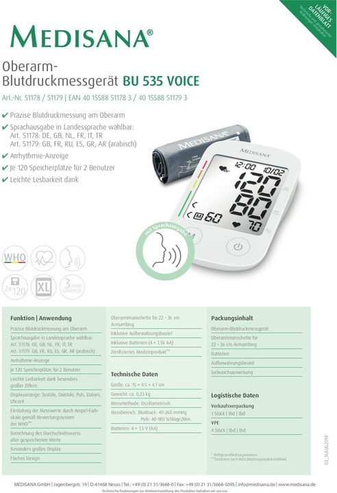 Produktbild Medisana BU 535 Voice (Blutdruckmessgerät Oberarm)