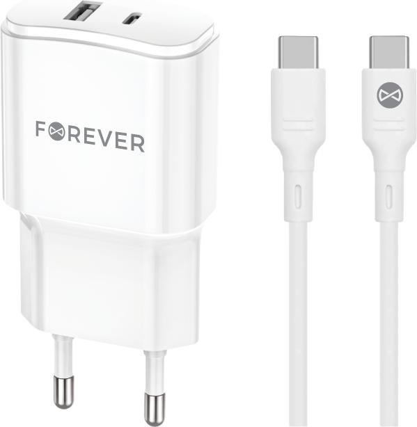 Produktbild Forever TC-01-20AC PD QC Ladegerät 1x USB-C 1x USB 20W weiss + USB-C - USB-C Kabel 20W (20 W, 2 Ports)