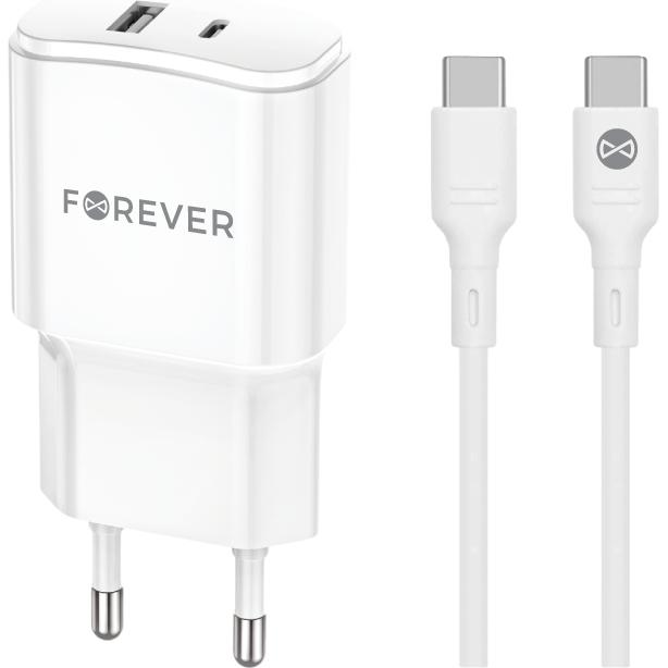 Forever TC-01-20AC PD QC Ladegerät 1x USB-C 1x USB 20W weiss + USB-C - USB-C Kabel 20W (20 W), USB Ladegerät, Weiss