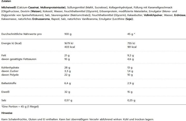 Nutritional values and ingredients Maxi Nutrition Creamy Core Caramel/Peanut bar, 12 x 45 g (540 g, 12 pcs.)