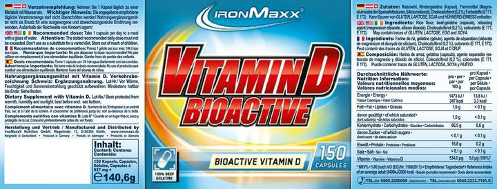 Nutritional values and ingredients IronMaxx Vitamin D Bioactive (150 Piece, Capsules, 500 g)