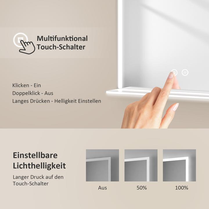Actual product image Emke Bathroom Mirror With Lighting 60*80cm, Fog-Free, Cool-White6500Kund Dimmable, Glass Shelf (70 x 50 cm)