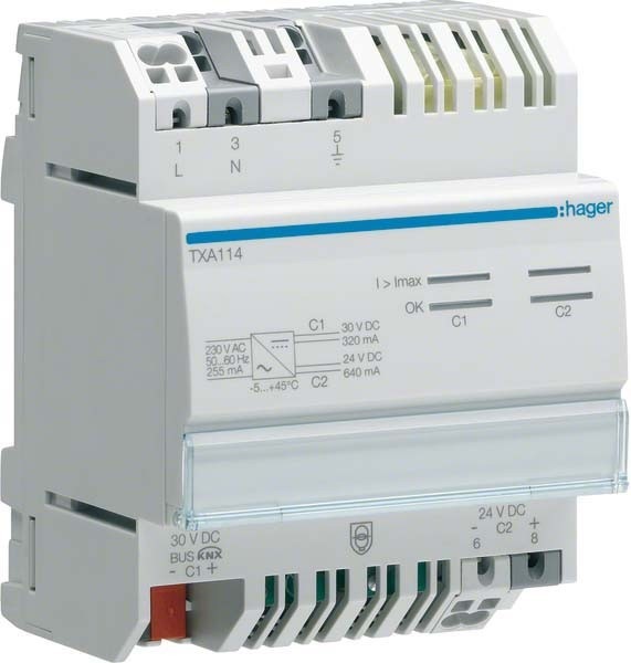 Hager Power supply 320/ TXA114 640mA w.1output and 1choke+1output 24VD
