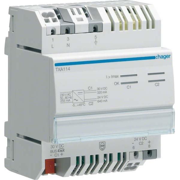 Hager Spannungsversorgung 320/ TXA114 640mA m.1Ausgang u.1Drossel+1Ausg. 24VD, Relais
