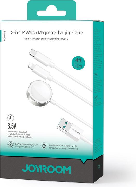 Image du produit Joyroom S-IW008 câble chargeur magnétique 3-en-1 USB-A - Lightning/USB-C 1,2m - blanc (1.20 m, 5 W)