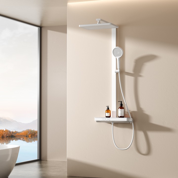 Produktbild Emke Duschsystem Mit Thermostat, Handbrause + Regendusche(3 StrahlstäRken) + Unterer Auslass, mattweiss