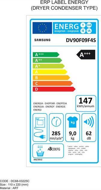 Energy Label Samsung Tumble dryer DV9000F (9 kg, Right)