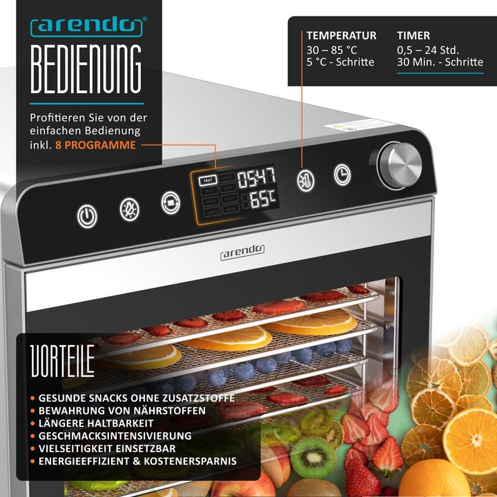 Produktbild Arendo Dörrautomat geeignet für Obst, fisch, Fleisch, Temperaturregler von 30°-85°C, 700 W, 8 Etagen, Timer