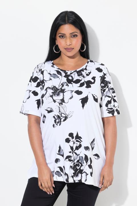 Immagine prodotto Ulla Popken T-shirt dal taglio svasato in cotone Pima con fiori, scollo a girocollo e mezze maniche (42, 44)