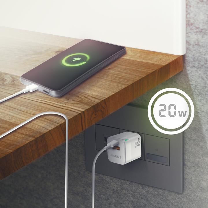 Actual product image Aisens CARGADOR GAN 20W 1XUSB-C PD3.0 QC4.0 1XUSB-A QC3.0 BLANCO (20 W, 2 ports)