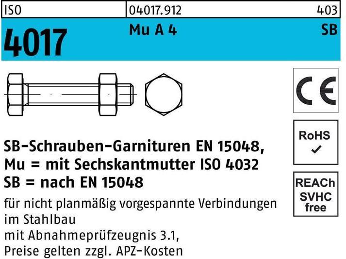 Image du produit Bufab Vis à tête hexagonale ISO 4017 VG avec écrou M 12 x 35 A 4-70 (50 Vis par pièce)