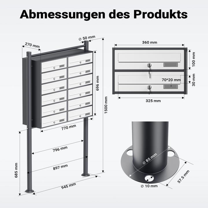 Produktbild Wiltec 12er Briefkastenanlage Anthrazit/Weiss 898x270x1500 mm Standbriefkasten