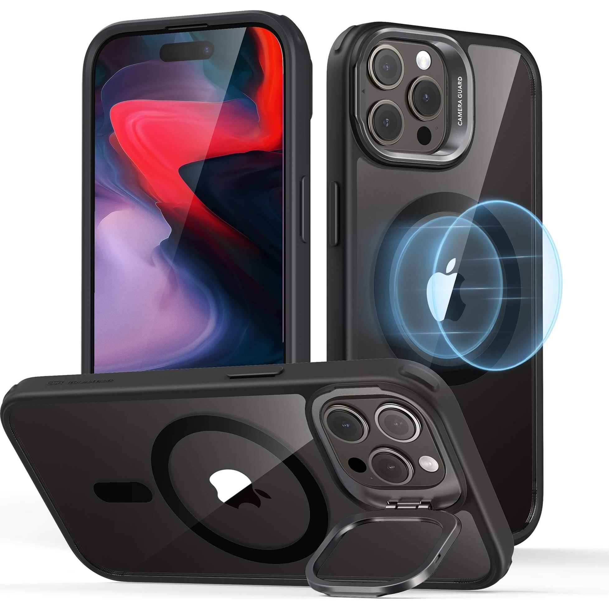 ESR Classic Hybrid HaloLock Case mit Stash Stand (Apple iPhone 15 Pro Max), Smartphone Hülle, Transparent