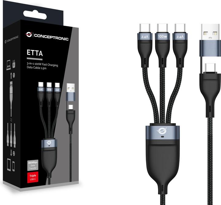 Produktbild Conceptronic Kabel USB2.0 -> 3-in-1 USB-C E-Mark 100W 1.50m (1.50 m, USB 2.0, 100 W)