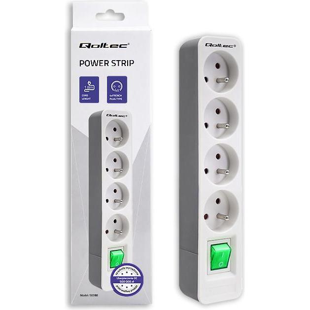 Thumbnail - Qoltec, Steckdosenleiste, 50288 power extension 4 AC outlet(s) Indoor White (4 x, CEE 7/5, 1.80 m)