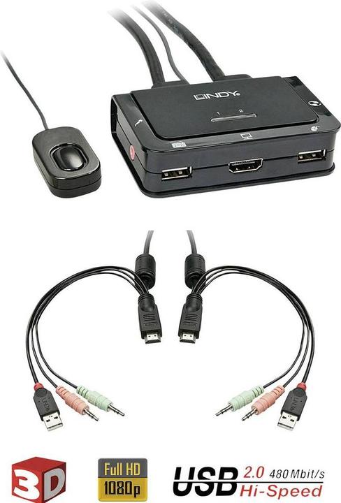 Actual product image Lindy HDMI KVM Switch 2 Port USB 2.0 Compact. HDMI 3D and compliant USB 2.0 Audio and Mic.