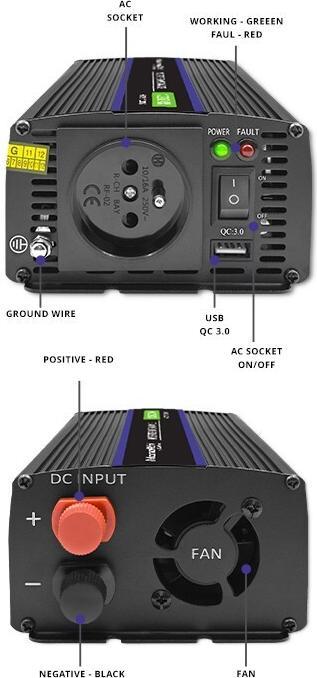 Actual product image Qoltec 51925 Monolith voltage converter 1200 MS Wave |12V to 230V | 600/1200W | USB