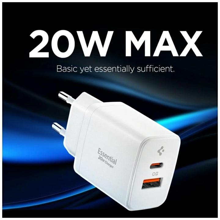 Produktbild Spigen - Wall Charger Essential (EE202EU) - USB, Type-C, Fast Charging, Quantum Boost, 20W - White (20 W, 2 Ports)