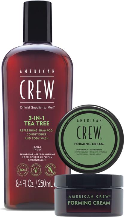 Immagine prodotto American Crew Set Duo Vacanze: Shampoo, Balsamo e Lavaggio Corpo 3 in 1 all'Albero del Tè 250ml + Crea Formante (Shampoo liquido)