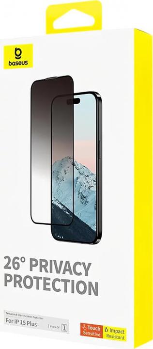 Actual product image Baseus Privacy Protection Tempered Glass Diamond iPhone 15 Plus (1 pcs., Apple iPhone 15 Plus)