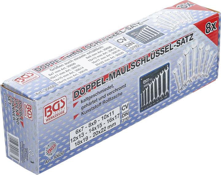 Immagine prodotto BGS Set di chiavi aperte doppie SW 6 - 22 mm 8 pezzi. (10 mm, 11 mm, 12 mm, 13 mm, 14 mm, 15 mm, 16 mm, 17 mm, 18 mm, 19 mm, 20 mm, 22 mm, 6 mm, 7 mm, 8 mm, 9 mm)