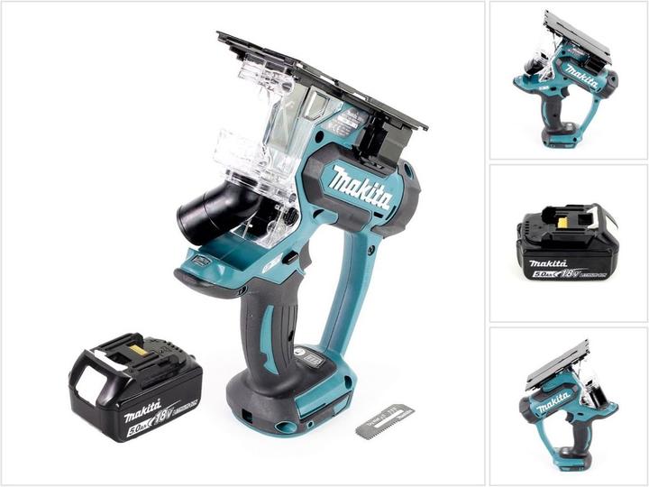 1x Makita DSD 180 Z accu-gipsplaatzaag, 1x zaagblad voor gips 55x18x0,55 mm, 1x inbussleutel, 1x spanen- en stofvanger, 1x Makita BL 1850 B Li-Ion accu 18V 5.0 Ah - zonder oplader