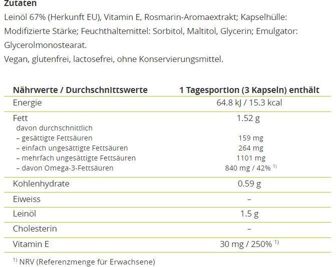 Nutritional values and ingredients Alpinamed Linseed Oil Capsules (100 Piece, Capsules, 112 g)