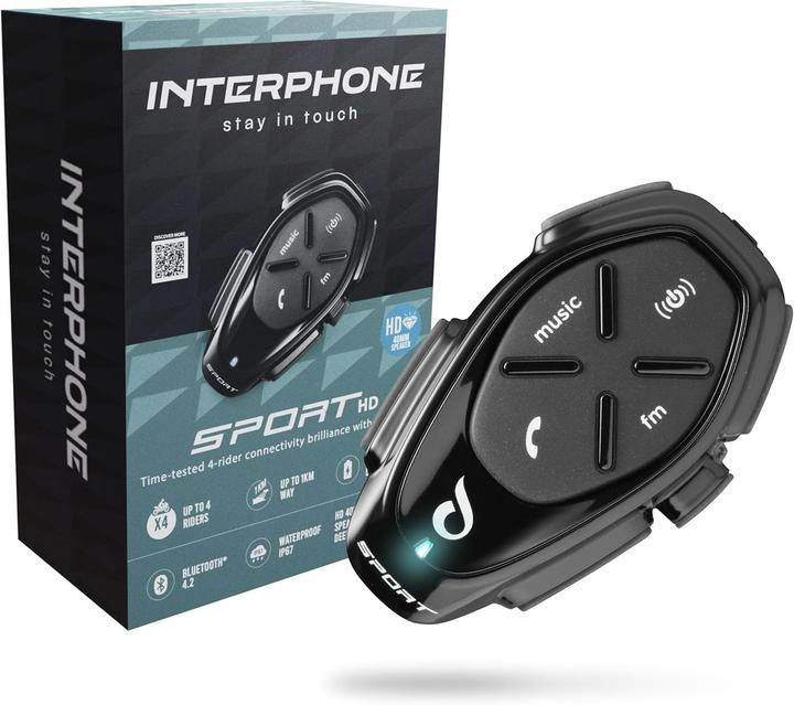 Interphone Single Helmet Intercom with HD HiFi Audio, 1 km Range, 20-Hour Battery, GPS, and Voice Commands (Set of 1)