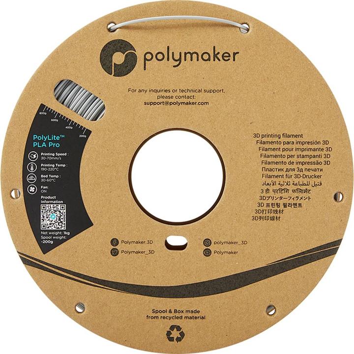Productafbeelding Polymaker PolyLite PLA PRO Grijs 1,75mm 1kg (PLA-R, 1.75 mm, 1000 g, Grijs)