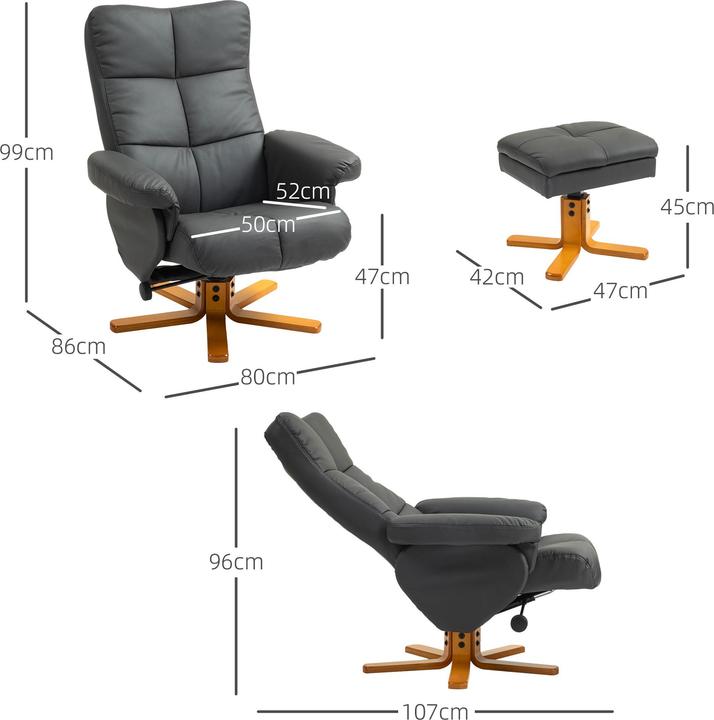 Actual product image Homcom Relaxsessel mit Hocker Holz, Kunstleder Dunkelgrau