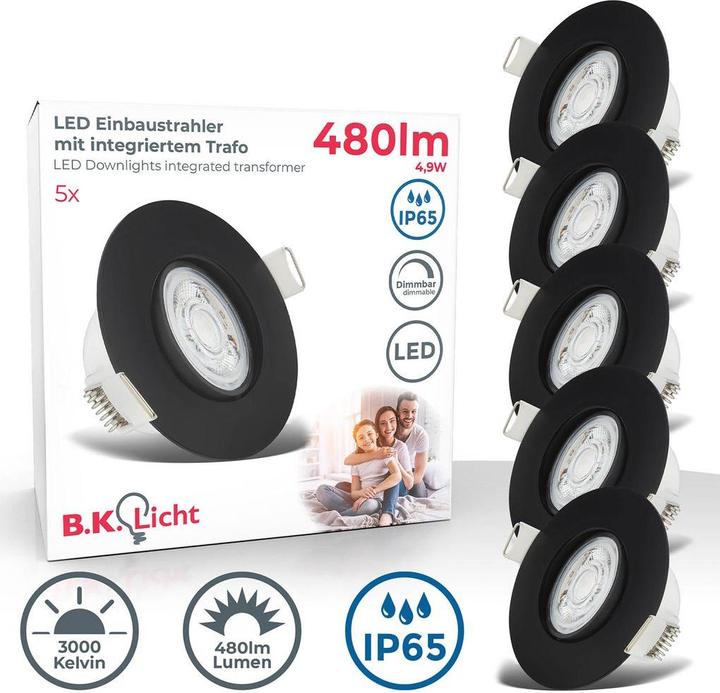 Image du produit B.K.Licht Lampes LED encastrées, set de 5, IP65, noir, 5xPlaque LED/4,9W (480 lm)