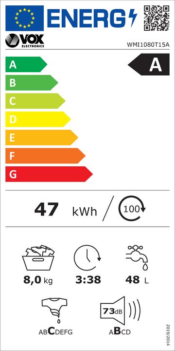 Etichetta energetica Vox Waschmaschine WMI 1080-T15A (A, 8 kg, 1000 o/min, 15 Stück, Inverter) (8 kg, A sinistra)
