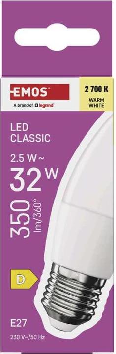 Image du produit Emos Lampe LED Classic Candle / E27 / 2,5 W (32 W) / 350 lm / Blanc chaud (E27, 350 lm, 1 x)