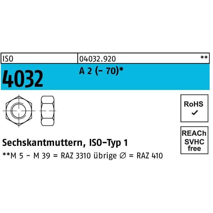 Bufab, Muttern + Unterlegscheiben, Sechskantmutter ISO 4032 M 18 A 2 (- 70) (M18)